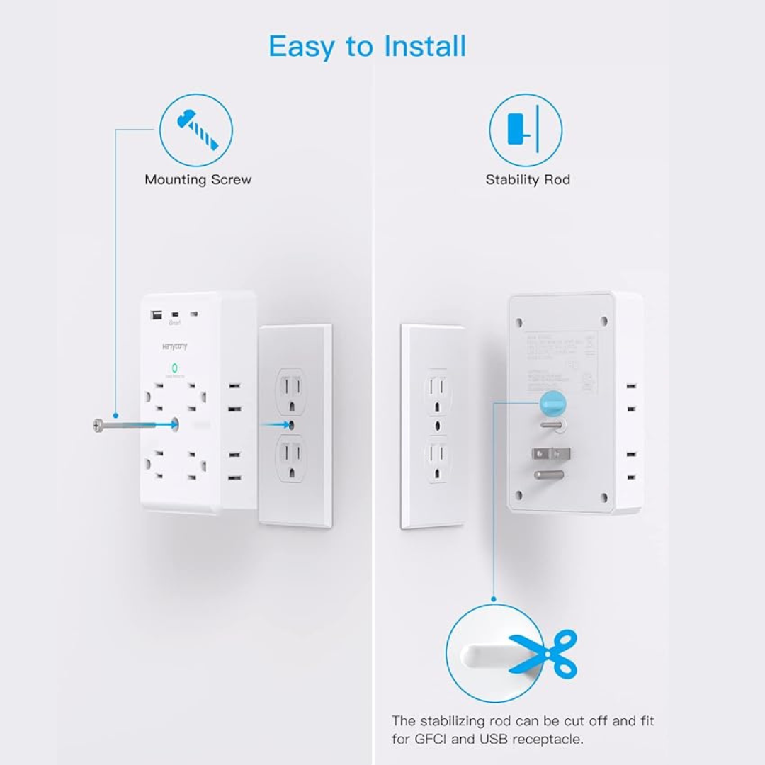Extensor de toma de corriente múltiple con puertos USB C