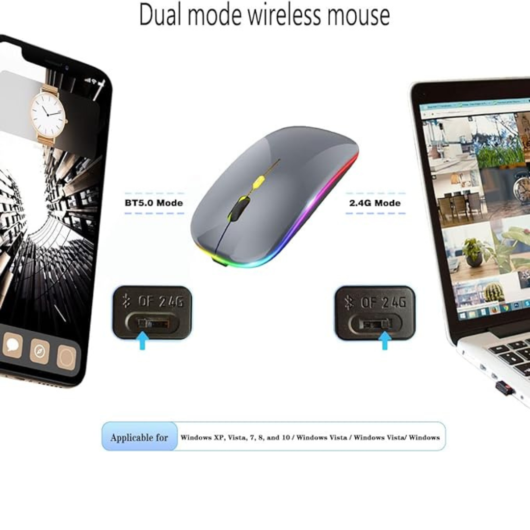 Mouse Bluetooth inalámbrico, mouse recargable LED delgado