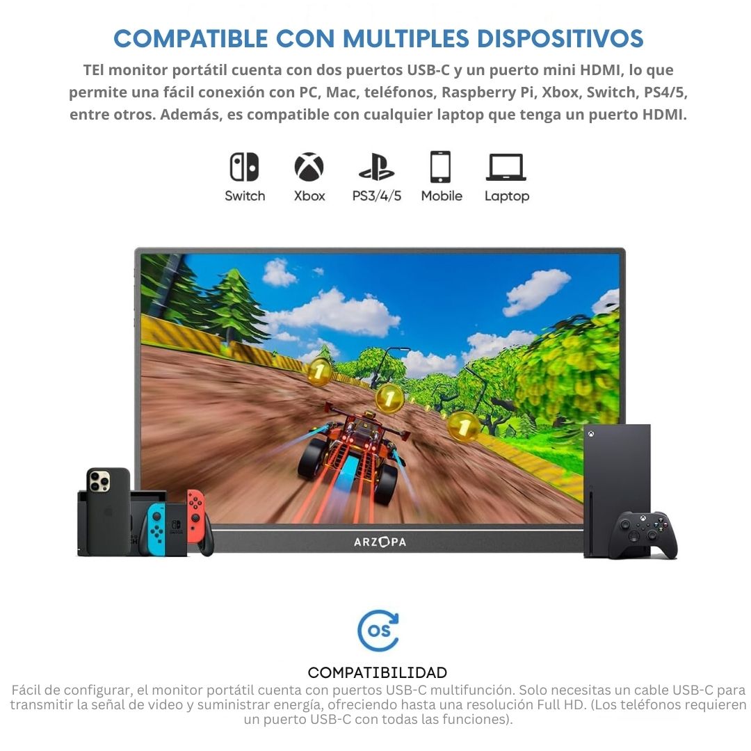 Monitor Portátil 1080P FHD, USB-C HDMI, IPS, HDR, Pantalla Antirreflejo con Cubierta Inteligente