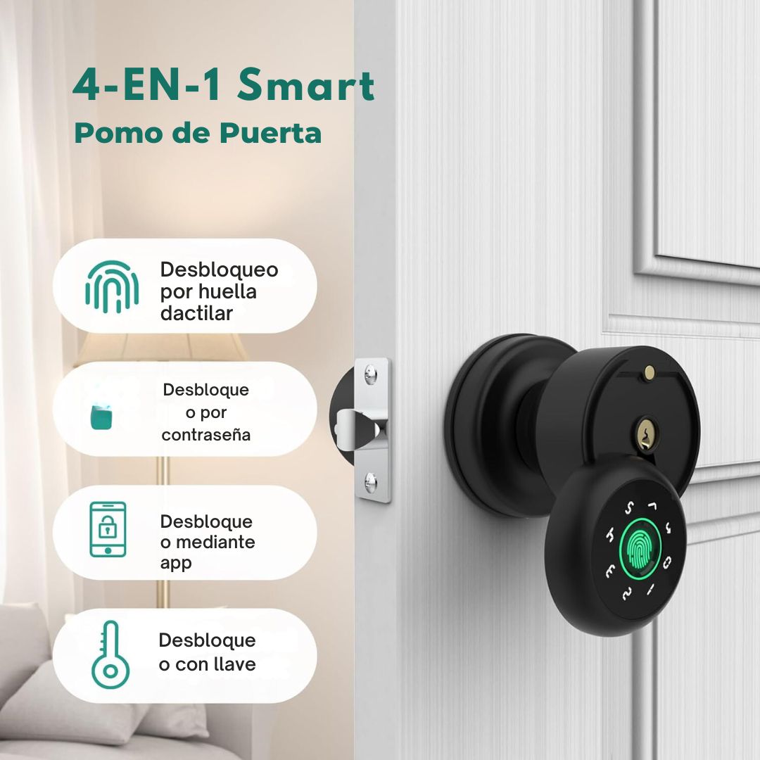 Pomo Inteligente 4 en 1 para Puerta con Teclado y Control de Aplicación