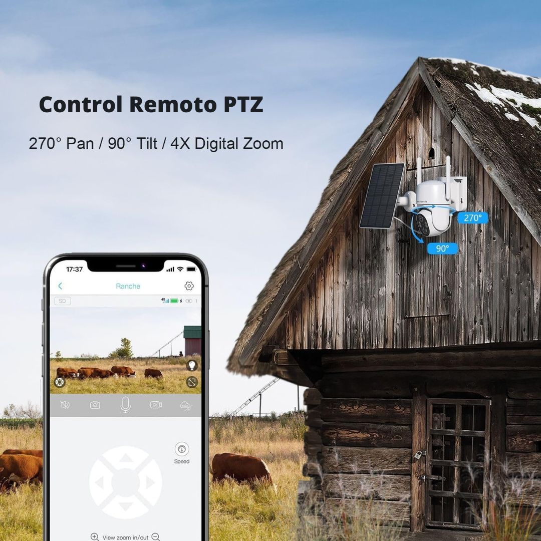 Cámara de Seguridad 4G LTE Solar – Sin WiFi, Visión Nocturna 2K, PTZ 360°