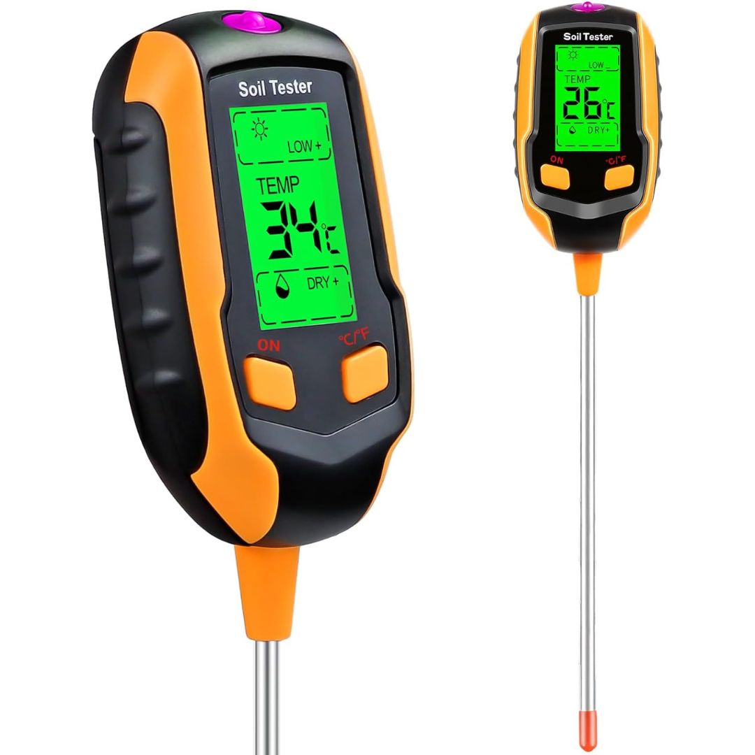 Medidor Digital 4 en 1 de Humedad del Suelo, pH, Temperatura e Intensidad de Luz Solar con Pantalla LCD Retroiluminada