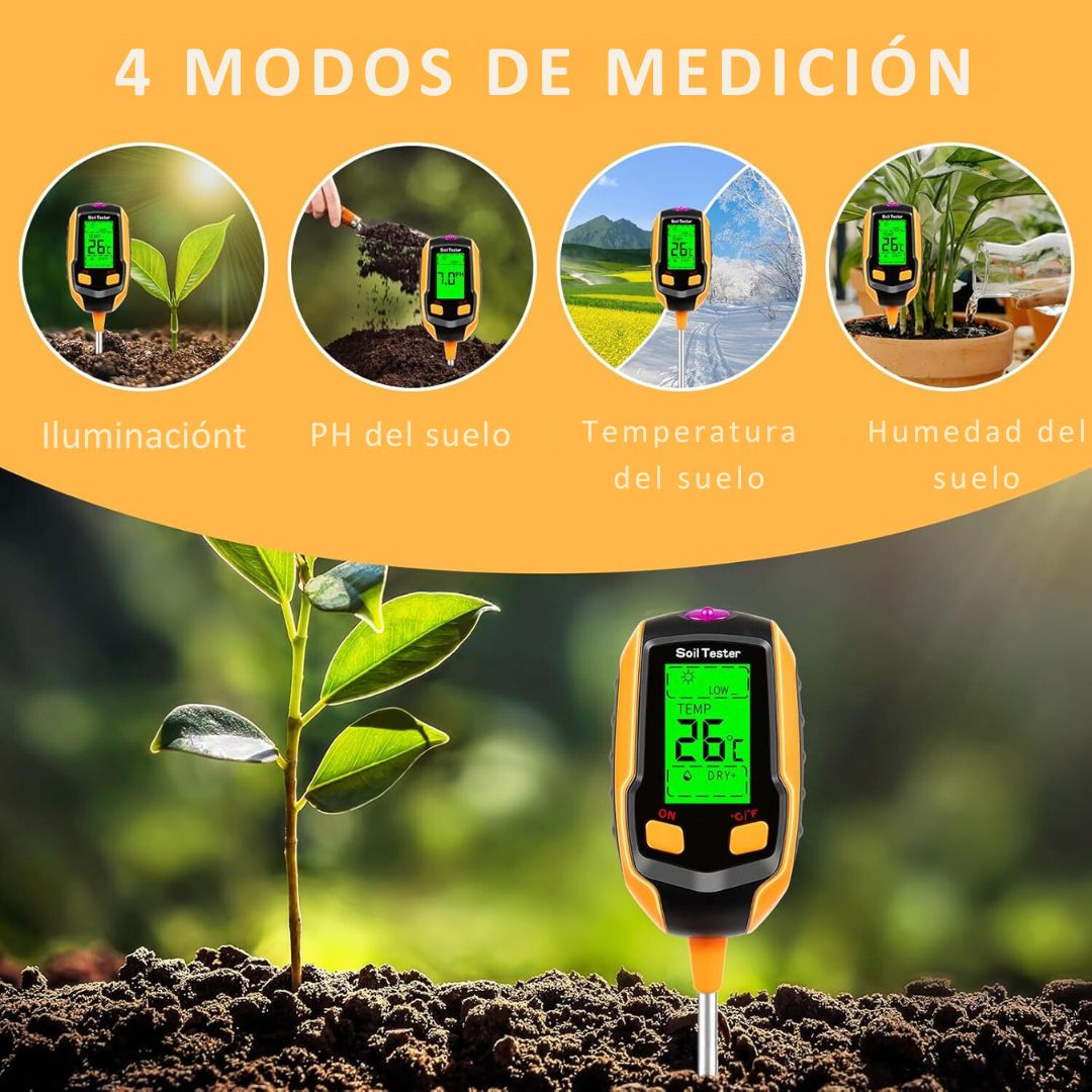 Medidor Digital 4 en 1 de Humedad del Suelo, pH, Temperatura e Intensidad de Luz Solar con Pantalla LCD Retroiluminada