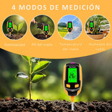 Medidor Digital 4 en 1 de Humedad del Suelo, pH, Temperatura e Intensidad de Luz Solar con Pantalla LCD Retroiluminada