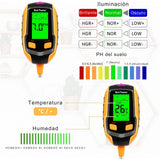 Medidor Digital 4 en 1 de Humedad del Suelo, pH, Temperatura e Intensidad de Luz Solar con Pantalla LCD Retroiluminada