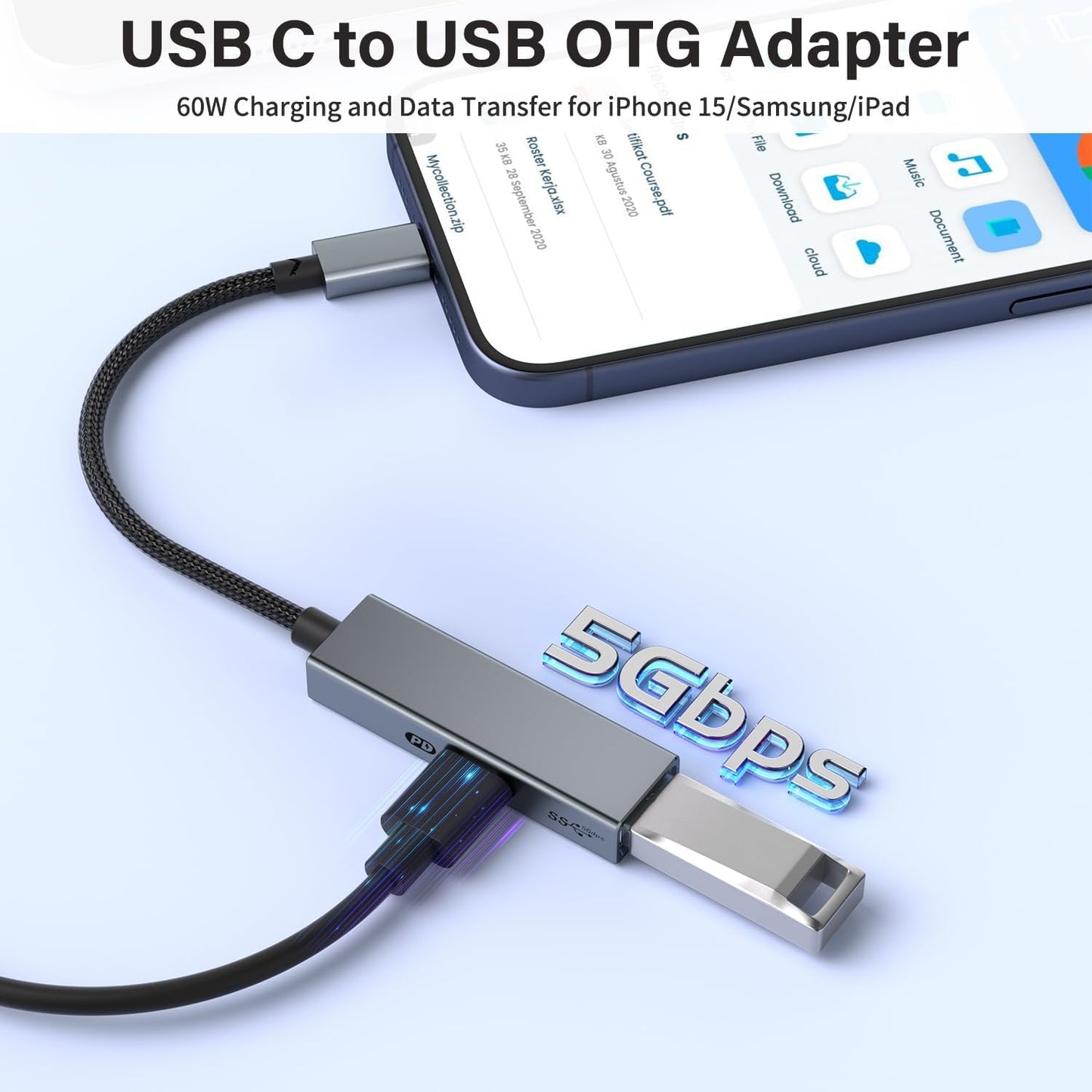 Adaptador USB C OTG con Carga PD 60W, 2 en 1 USB 3.0 OTG