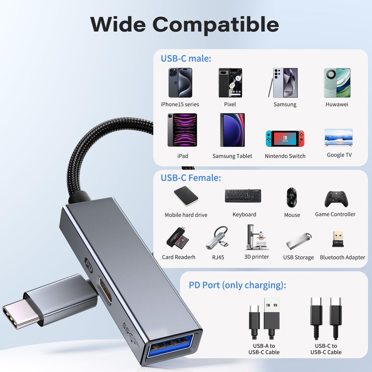 Adaptador USB C OTG con Carga PD 60W, 2 en 1 USB 3.0 OTG