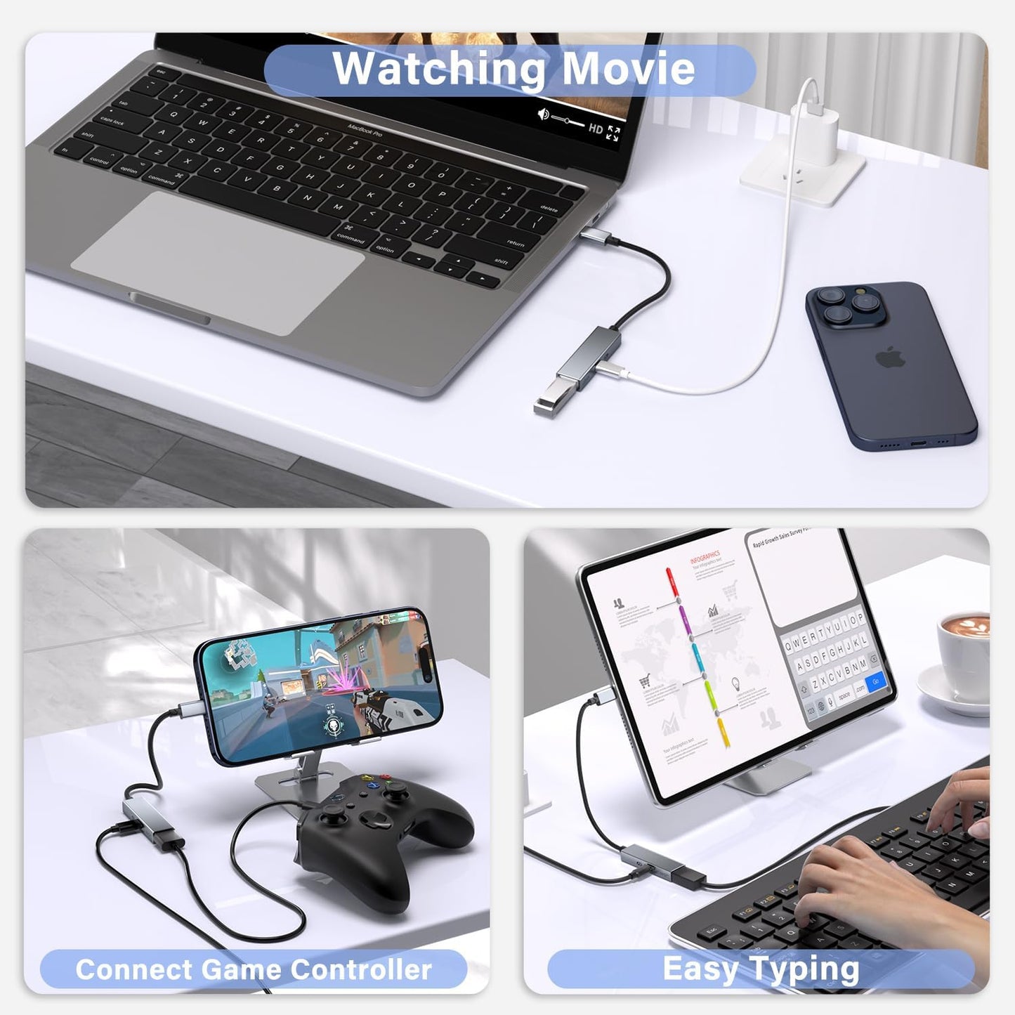 Adaptador USB C OTG con Carga PD 60W, 2 en 1 USB 3.0 OTG