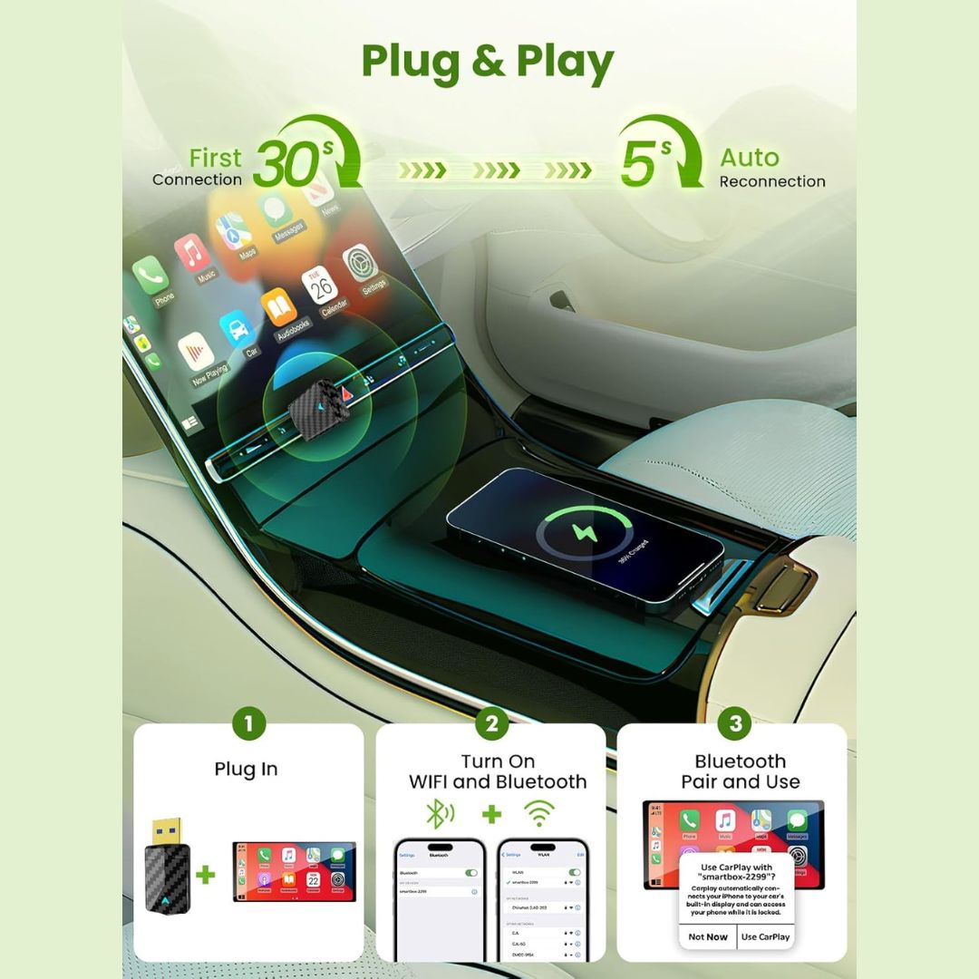 Mini Adaptador Inalámbrico CarPlay WiFi 5GHz y Bluetooth 5.3 — De Cable a Inalámbrico para iPhone, Android Auto y Vehículos 2016+