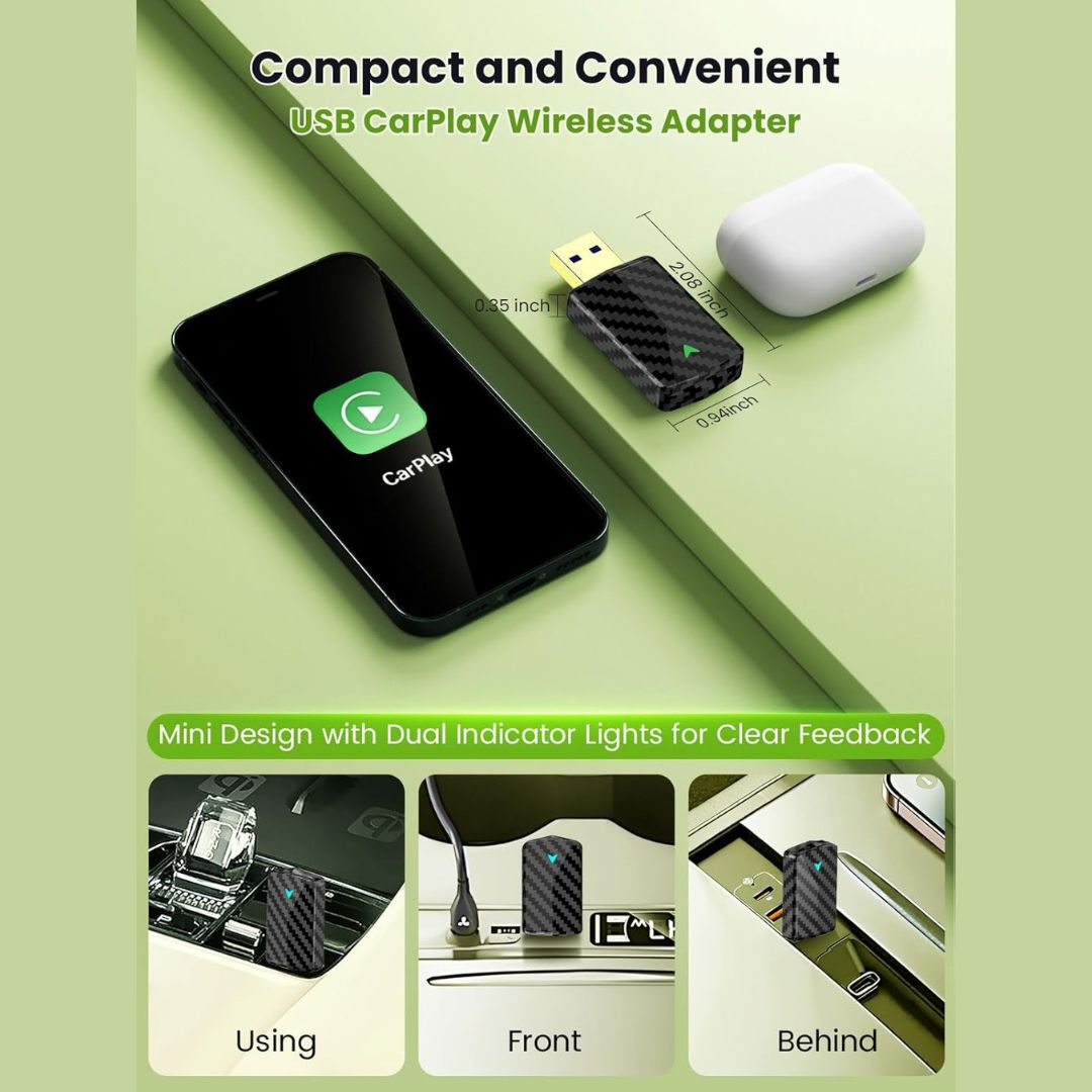 Mini Adaptador Inalámbrico CarPlay WiFi 5GHz y Bluetooth 5.3 — De Cable a Inalámbrico para iPhone, Android Auto y Vehículos 2016+