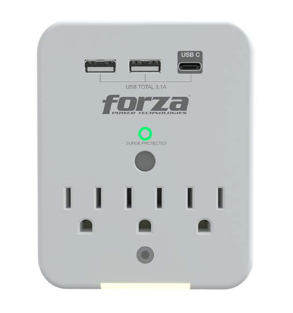 Forza Protector de Sobretensión de Pared con 3 Tomas, Puertos USB-A/USB-C y Luz Nocturna