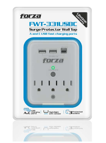 Forza Protector de Sobretensión de Pared con 3 Tomas, Puertos USB-A/USB-C y Luz Nocturna