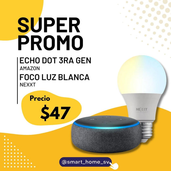 Echo Dot 3era Gen + Foco Nexxt Luz Blanca